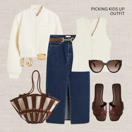 Picking kids up outfit 🚗 

Read the size guide/size reviews to pick the right size. 

Leave a 🖤 to favorite this post and come back later to shop. 

Spring Outfit Inspiration, Spring Style, Wardrobe Staples, Everyday Outfit, Casual Chic Style, Denim Midi Skirt, Waistcoat, Jacket, Braided Sandals, Tote Bag, Prada Sunglasses

#LTKeurope #LTKSeasonal #LTKstyletip