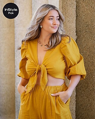 Linen-blend Tie Front Puff Sleeve Cropped Top | Express
