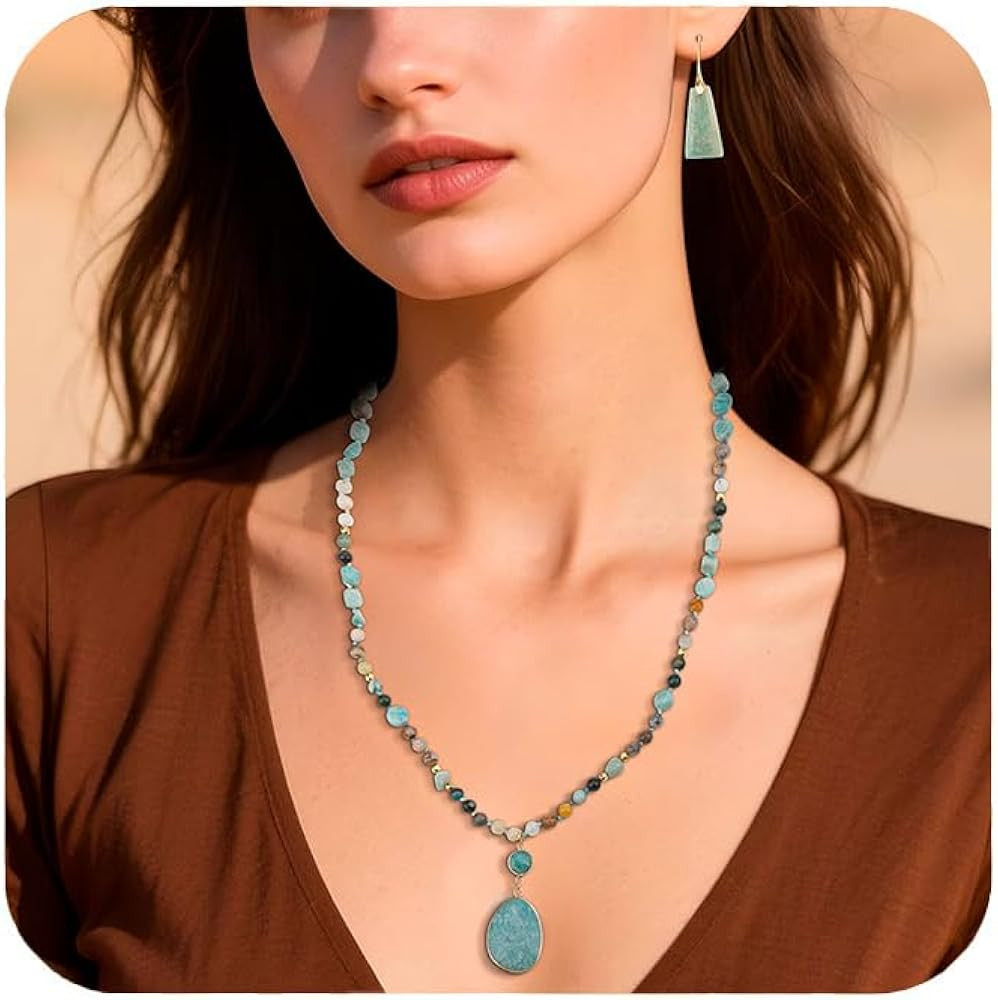 2 Pcs Boho Lapis Lazuli Jewelry Set for Women - Handmade Natural Stone Beaded Long Necklace with ... | Amazon (US)