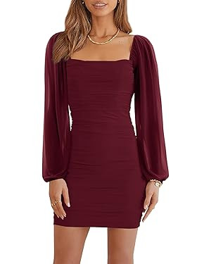 Wenrine Women's Mesh Long Sleeve Square Neck Ruched Party Club Cocktail Bodycon Mini Dress | Amazon (US)