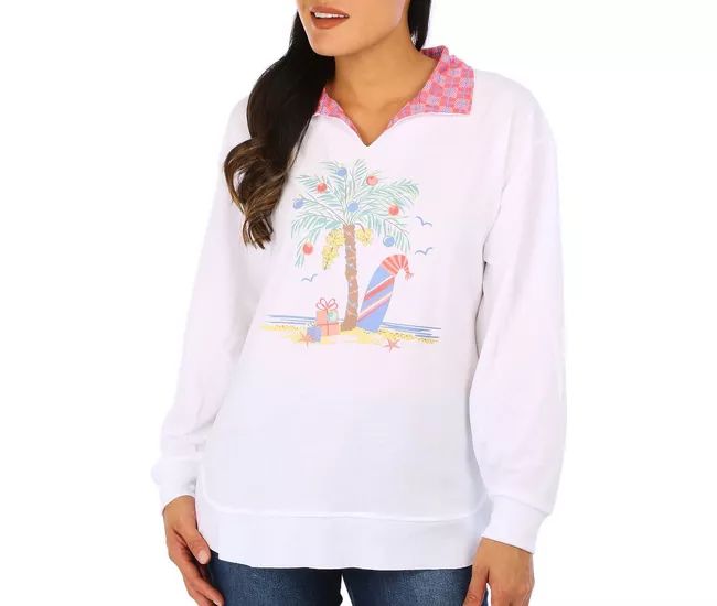 Womens Palm Tree Split V-Neck French Terry Long Sleeve Top | Bealls