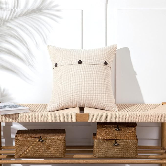 Anickal Cream White Pillow Covers 18x18 Inch with Triple Buttons Set of 2 Chenille Rustic Farmhou... | Amazon (US)