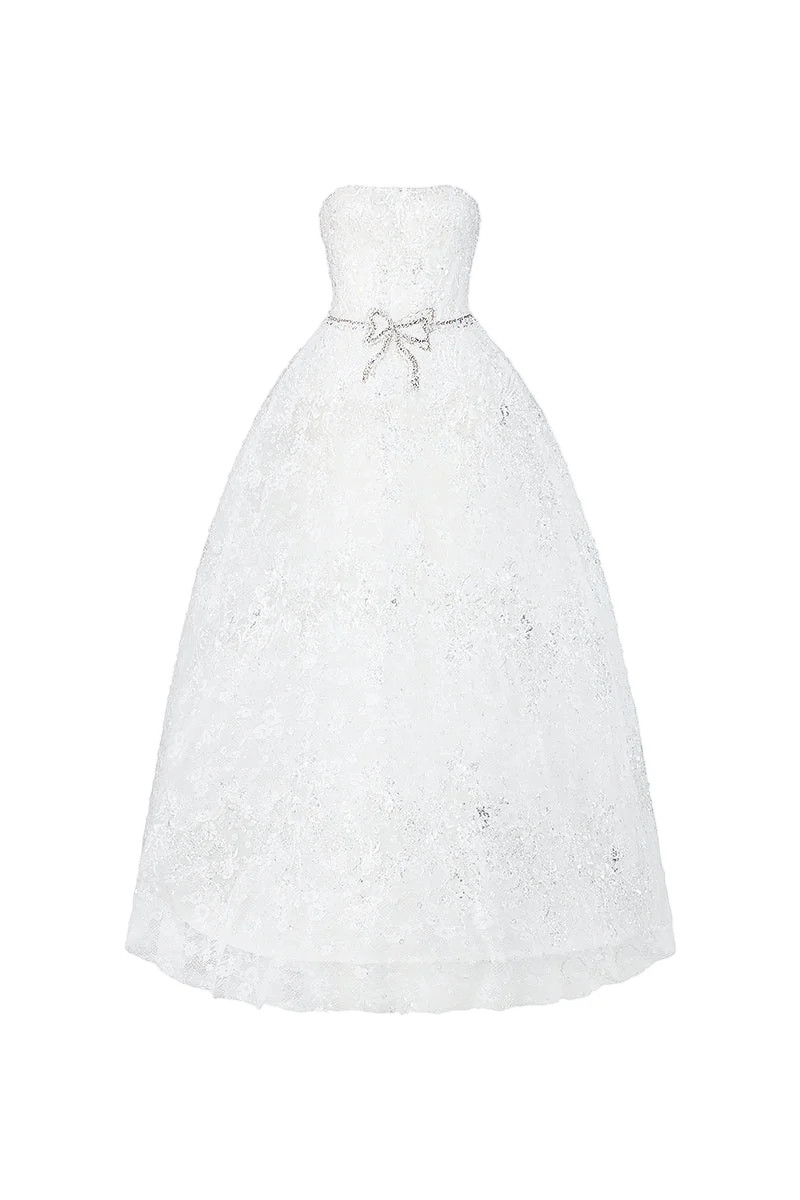 STRAPLESS FLORAL LACE A-LINE GOWN WITH BOW ACCENT | HACCHIC COUTURE | CULT MIA | CULT MIA UK LTD