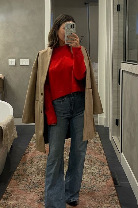new color unlocked — just in time for the holiday season// size up in the sweater! I’m wearing a medium. — jeans and jacket are TTS! wearing size small in the coat & 26 in the jeans ❤️
