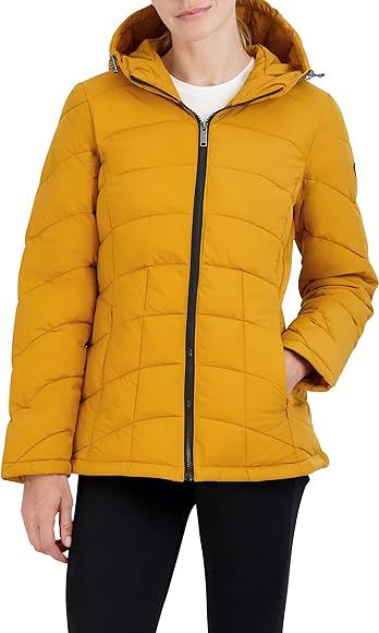 HFX Women's Short Stretch Quilted Jacket Front Zipper Hand Pockets Adjustable Hood 26" Coat | Amazon (US)