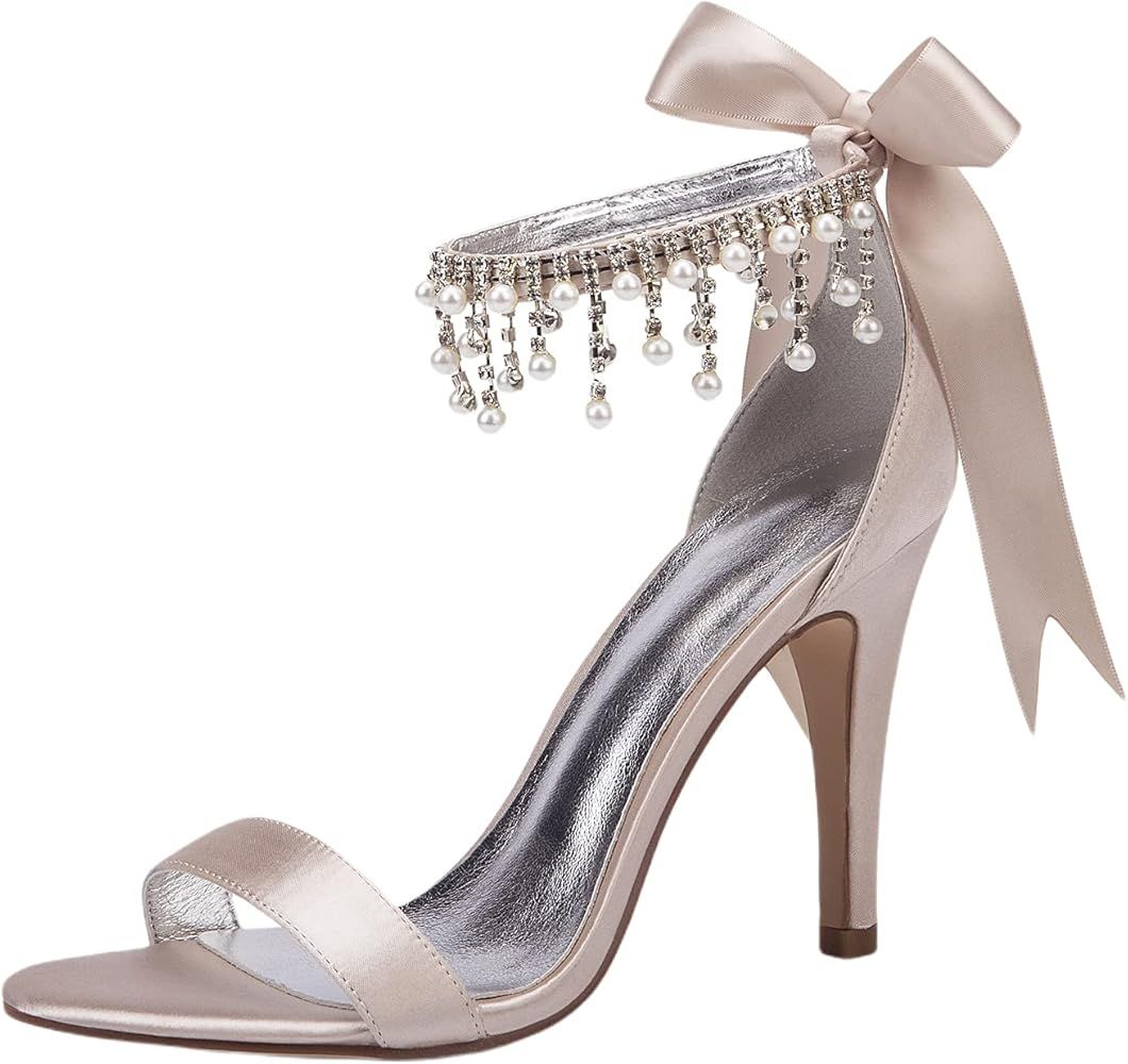 Womens Pendant Rhinestones Heeled Sandals Silver Satin Wedding Bride Dress Party Evening Shoes 10.5C | Amazon (US)