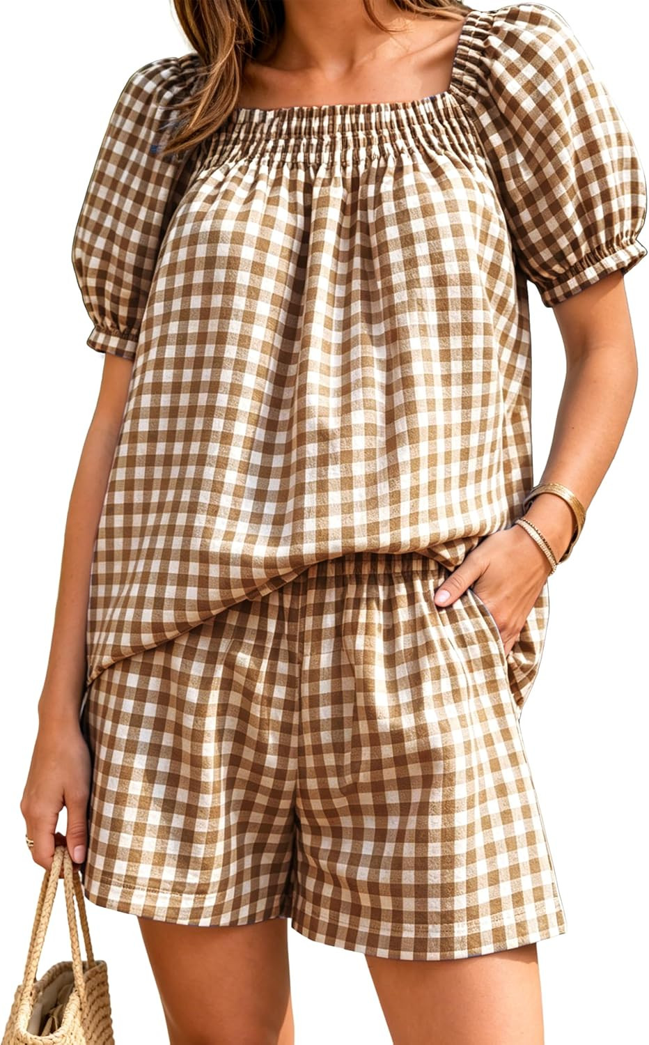 Women Plaid 2 Piece Summer Casual Puff Sleeve Smocked Babydoll Shirt Wide Leg Shorts Matching Lounge Sets | Amazon (US)