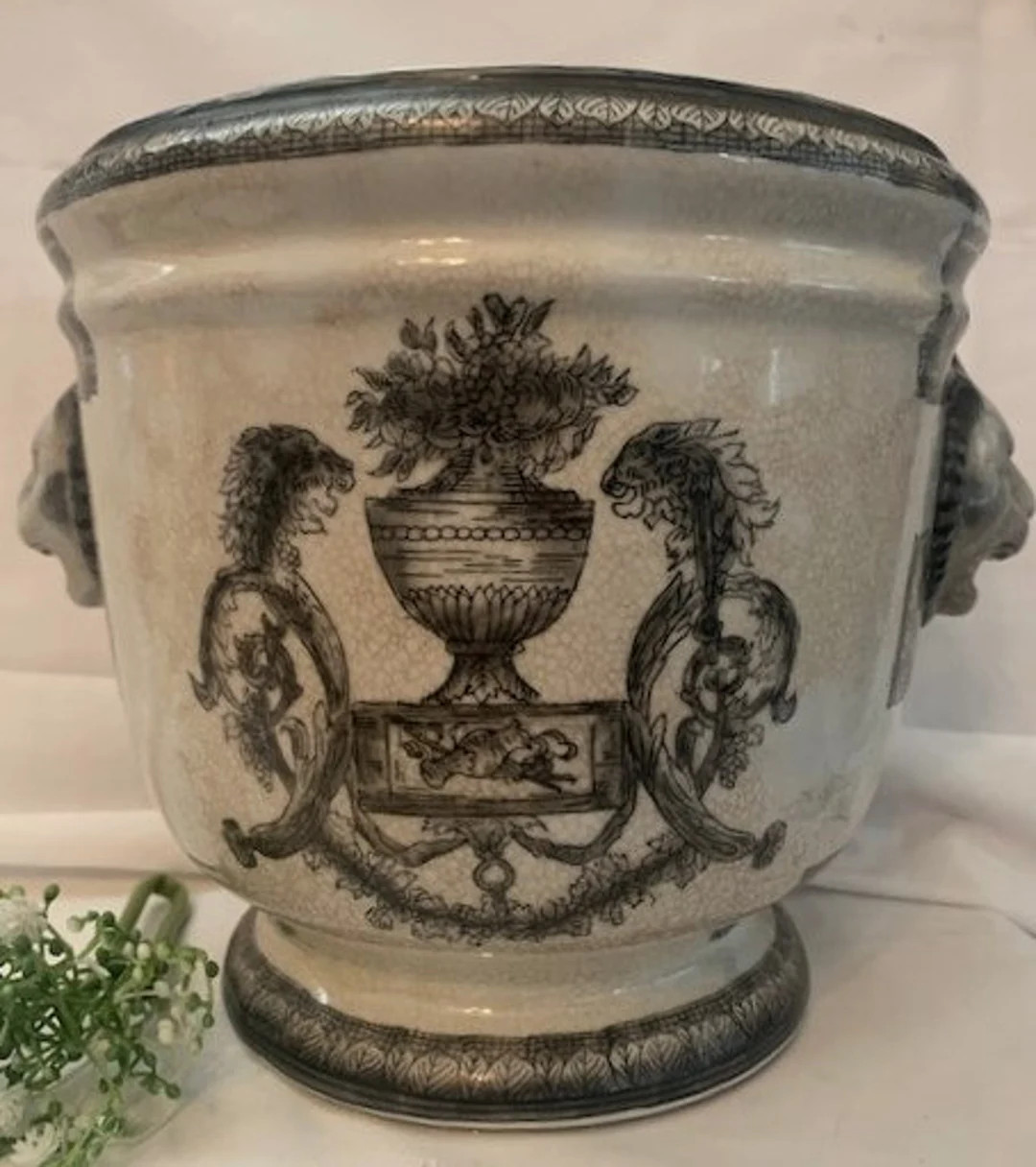 Vintage United Wilson Porcelain Ceramic Lion Head Footed Planter off White W/black Design Crazing... | Etsy (US)