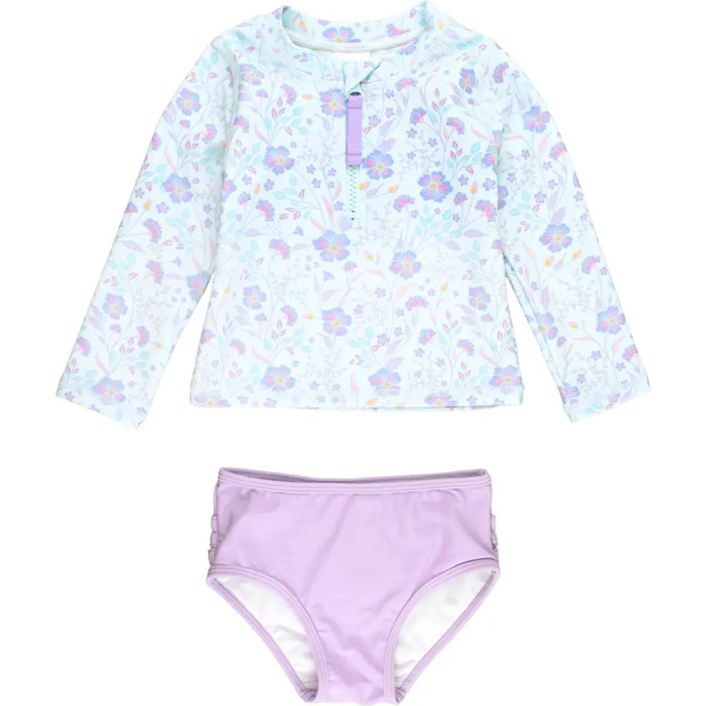 RuffleButts Kids' Fairytale Garden Long Sleeve Two-Piece Rashguard Swimsuit in Blue at Nordstrom, Size 4T | Nordstrom