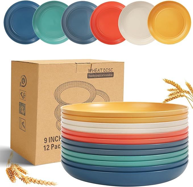 OAMCEG 12 Pack Plastic Plates Reusable - 9 Inches Unbreakable Eco-Friendly Lightweight Wheat Stra... | Amazon (US)