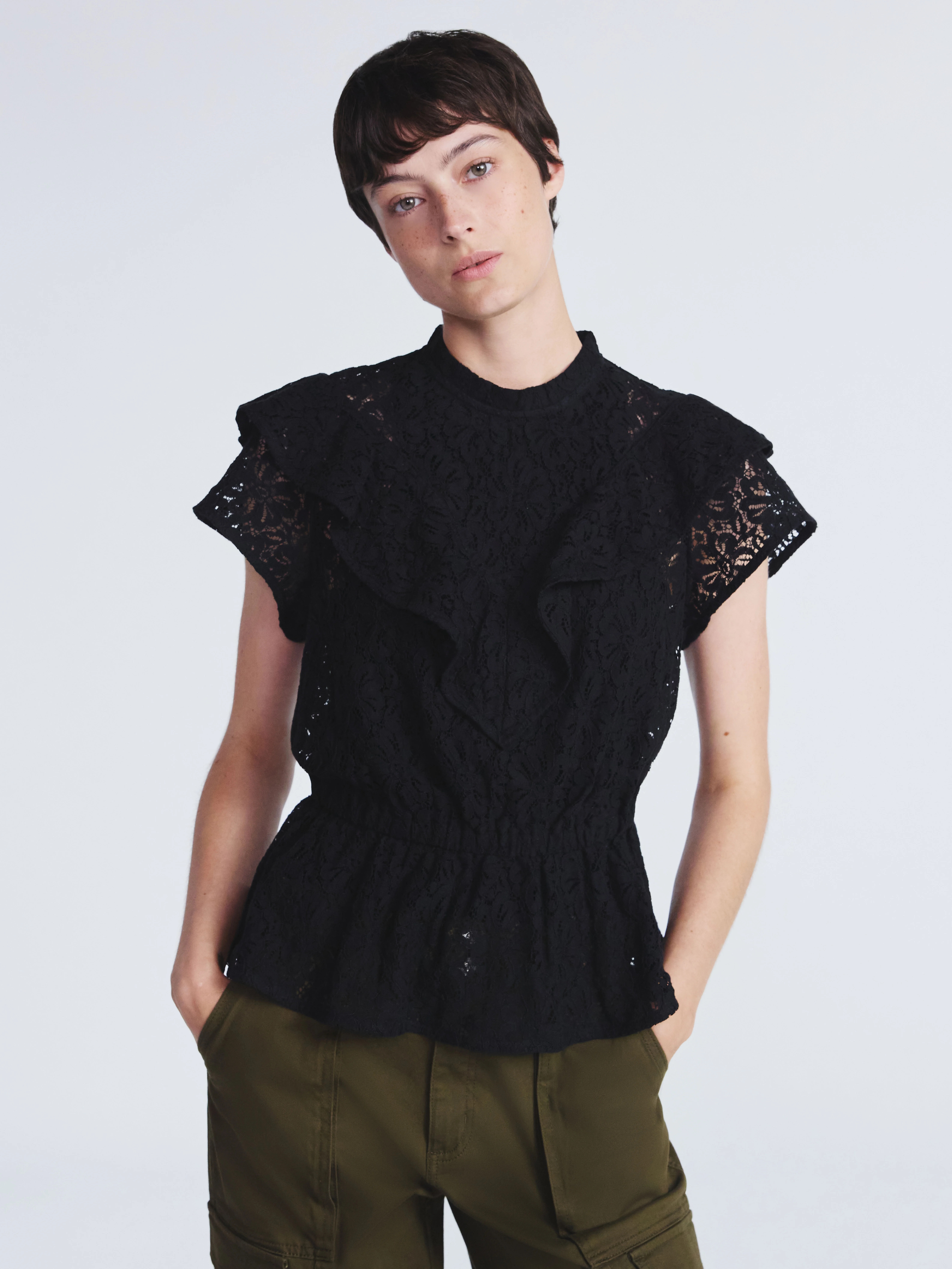 Scoop Women’s Lace Ruffle Peplum Blouse with Short Sleeves, Sizes XS-XXL | Walmart (US)