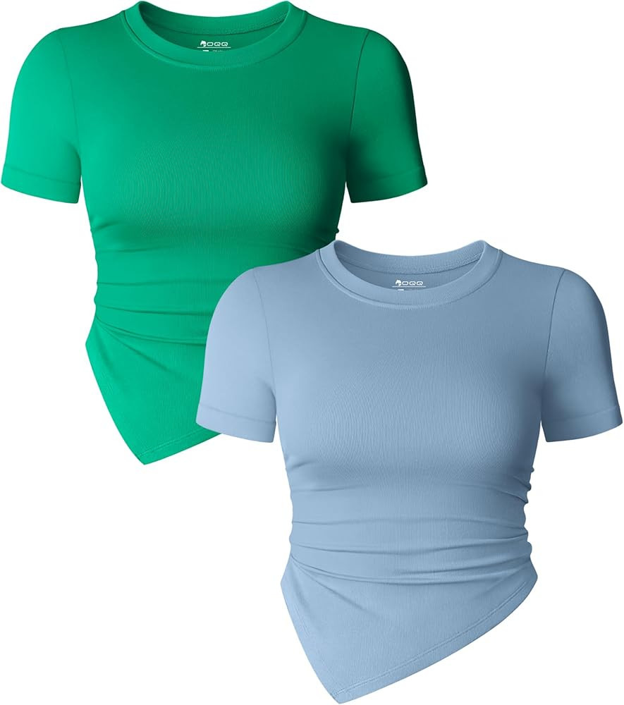 OQQ Women's 2 Piece Tops Short Sleeve Crew Neck Ruched Stretch Fitted Tee Shirts Tops | Amazon (US)