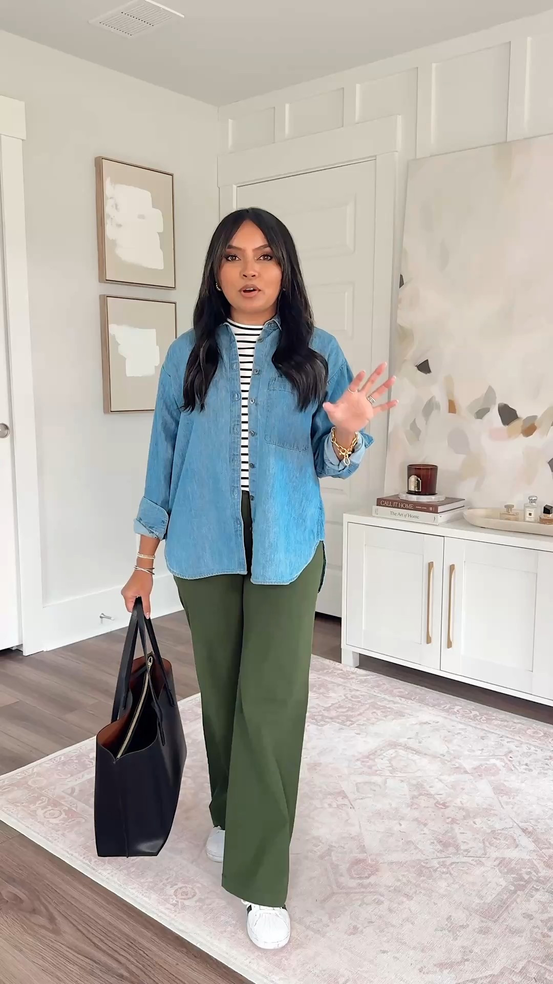 Teacher & Office Casual Outfits Part 6 - with Sneakers
Denim button down shirt size xxs petite TTS - roomy fit so went with the xxs
Black stripe tee size xxs regular TTS
Olive green pants size 26 petite TTS
Black and white sneakers size 5.5 / 6.5 TTS


#LTKSaleAlert #LTKWorkwear #LTKPetite