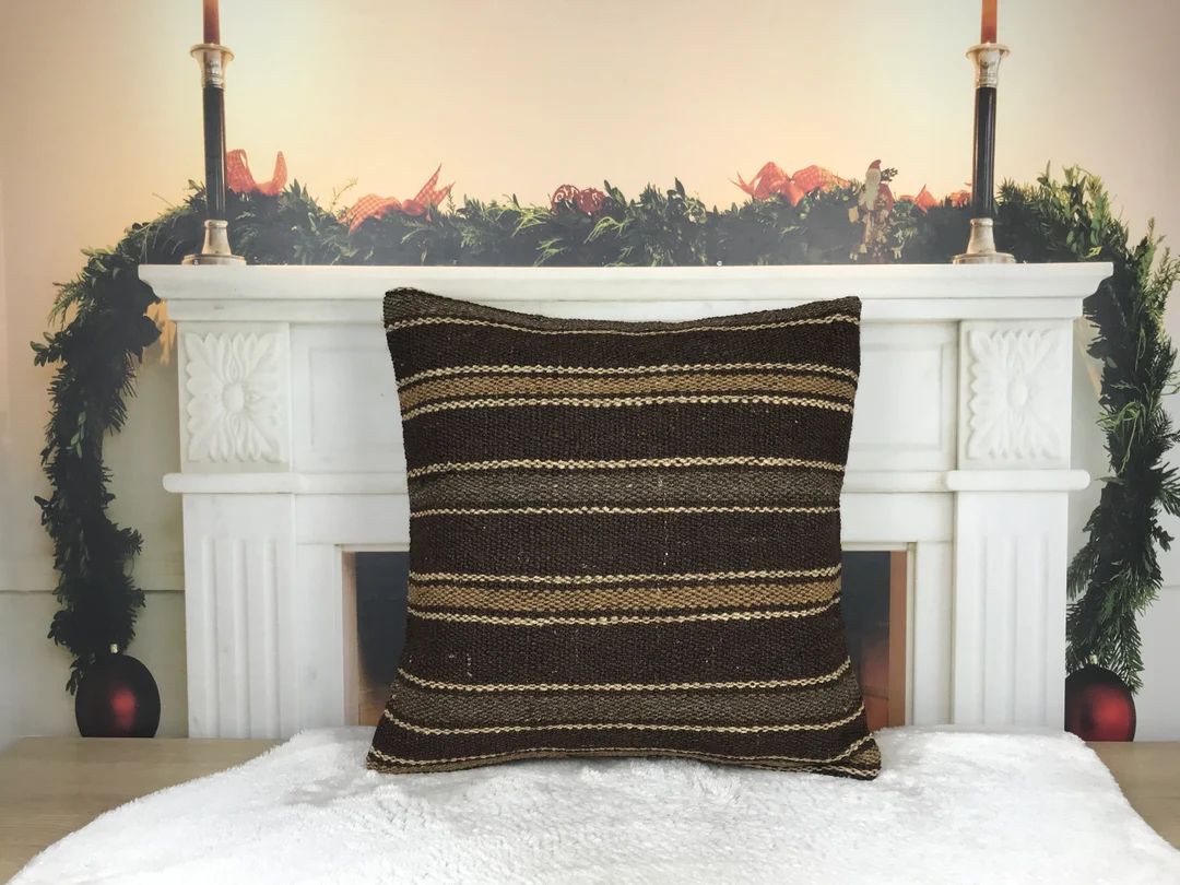 decorative kilim pillow, brown kilim cover, throw couch cushion, vintage organic pillow, euro sha... | Etsy (US)