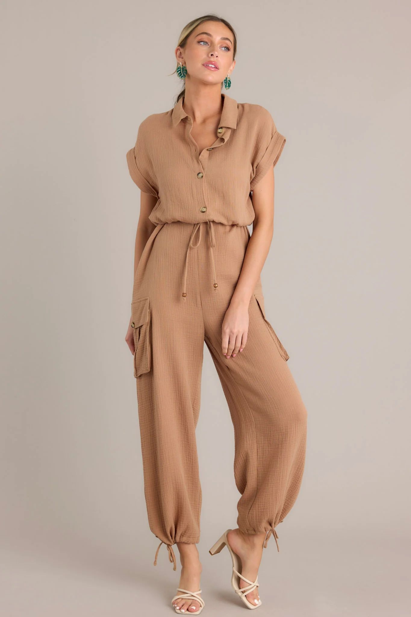 Twist On Timeless 100% Cotton Camel Brown Gauze Jumpsuit | Red Dress