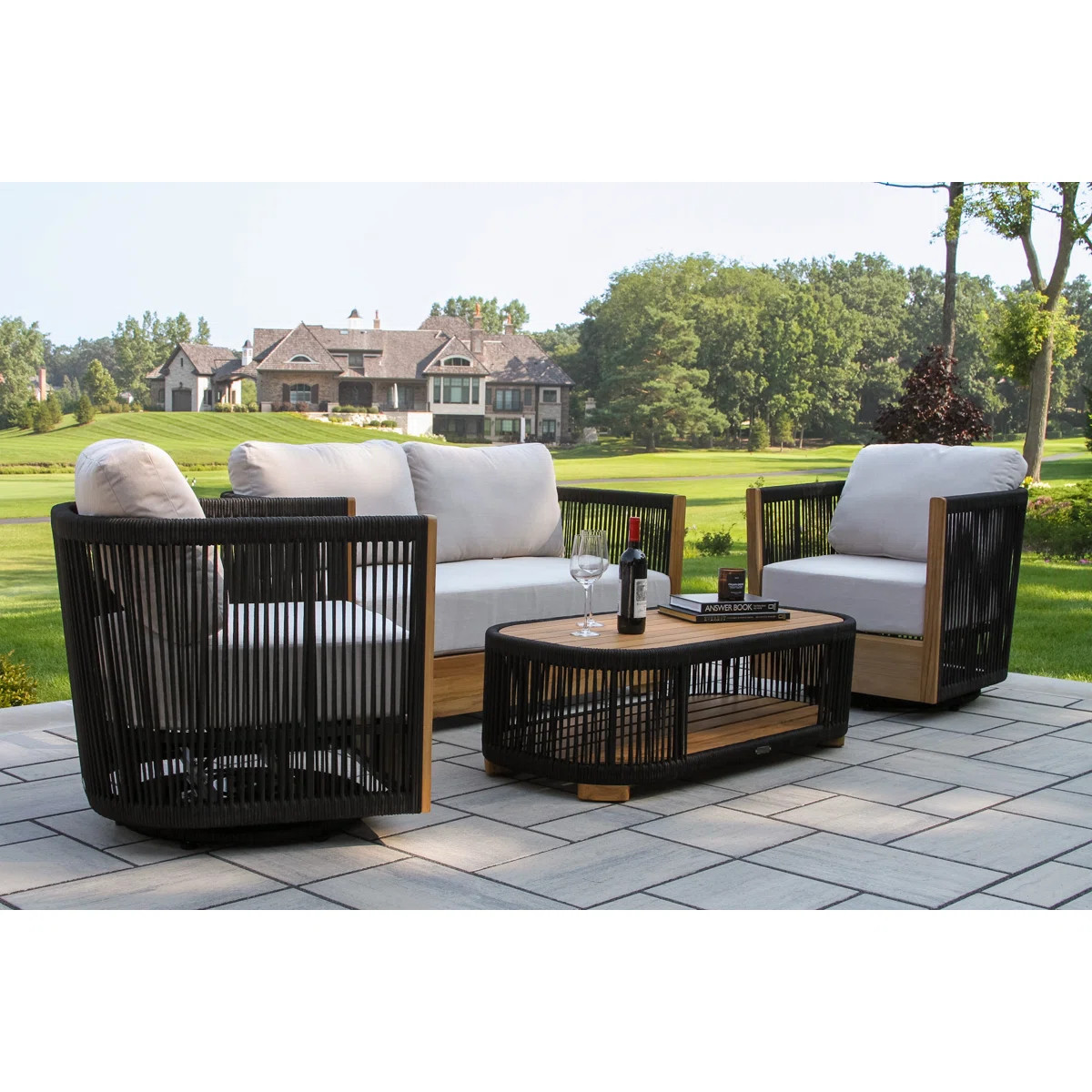 Aniston 4-pc. Teak & Black Rope Swivel Chair Conversation Set With 47" Coffee Table | Wayfair North America