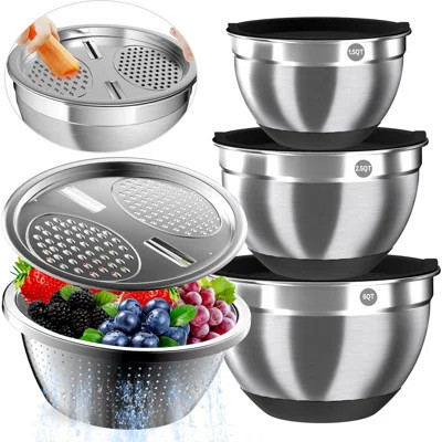 Mixing Bowls With Airtight Lids, Stainless Steel Mixing Bowl Set With 3 Metal Nesting Bowls, Colander & Grater, Non-Slip Bottoms, Size 1.5, 2.5, 6 QT, | Wayfair North America