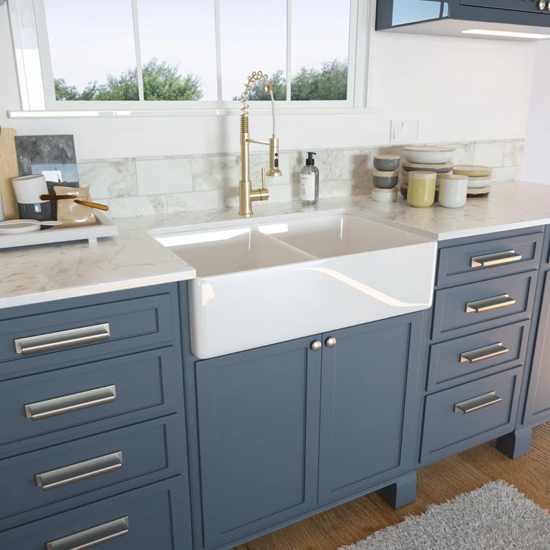 Ceramic Porcelain 32'' L x 20'' W Double Basin Apron Kitchen Sink with Basket Strainer | Wayfair North America