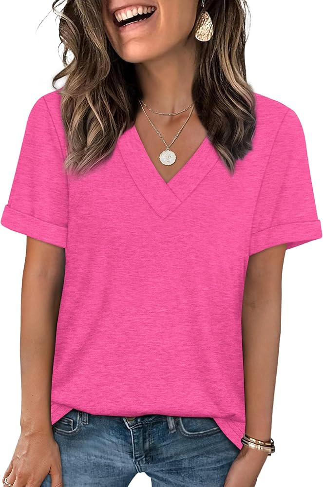 WIHOLL Womens Summer Tops Short Sleeve Basic Casual V Neck T Shirts Trendy Fashion 2026 | Amazon (US)