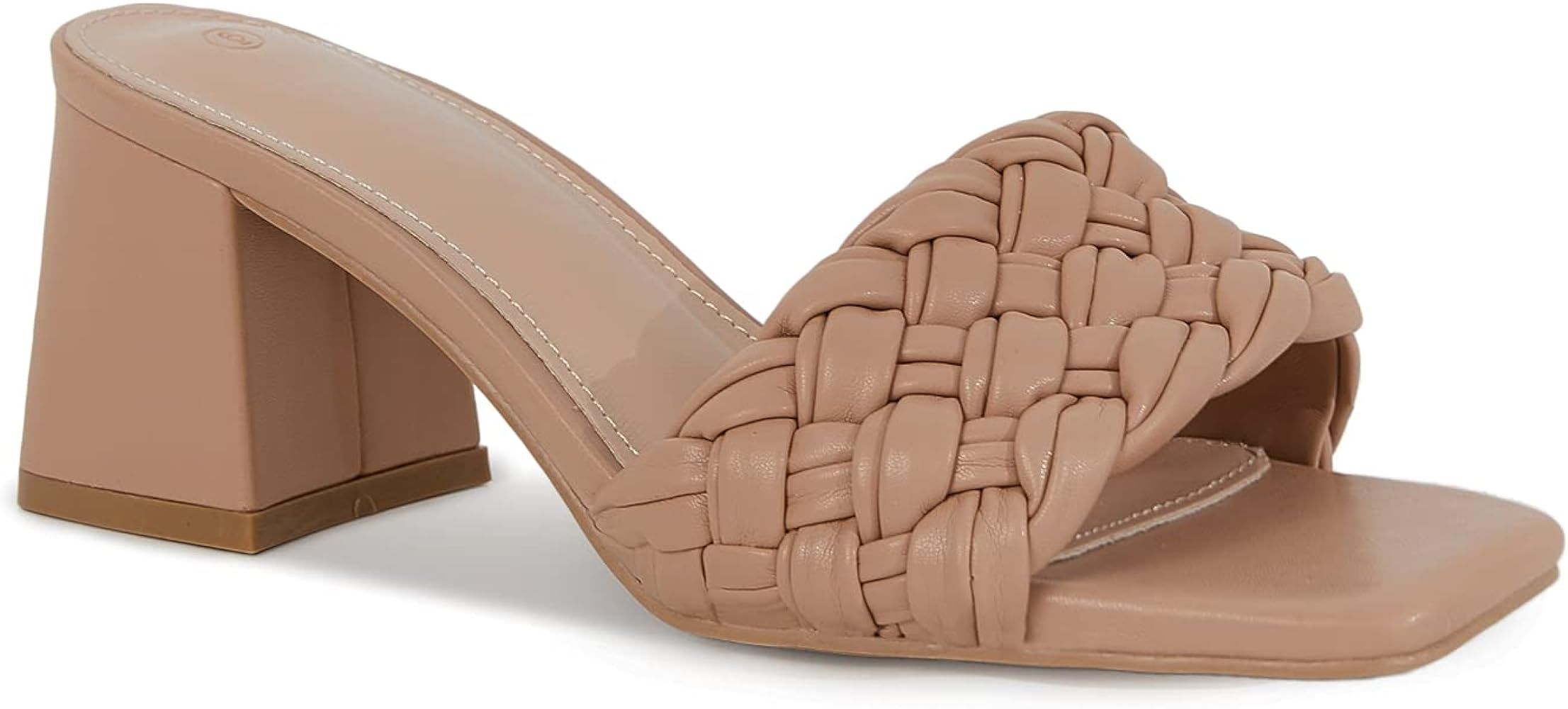 Trish Lucia Women's Woven Square-toe Block Heel Slides Sandals Braided Strappy Casual Slip On Leathe | Amazon (US)