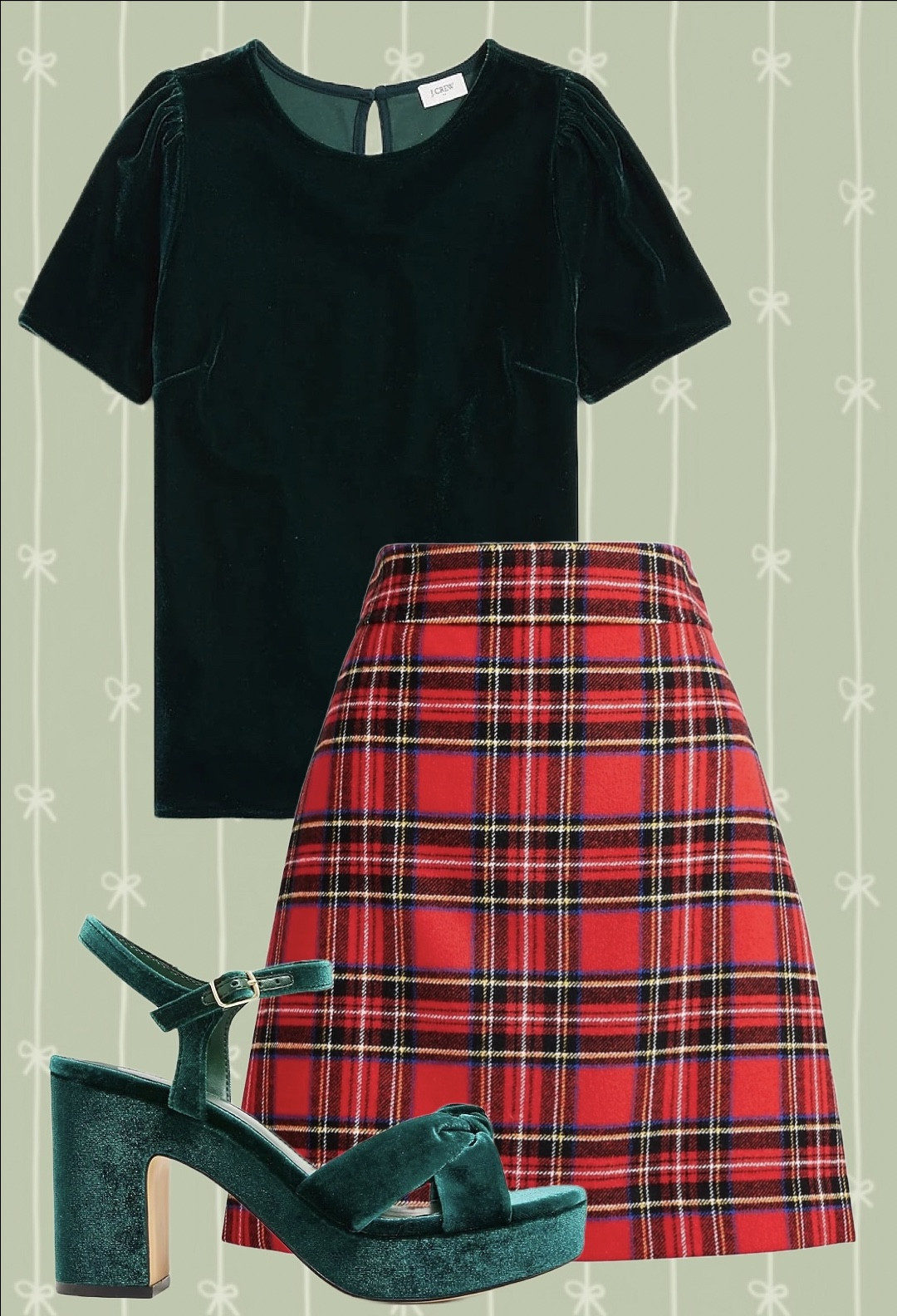 Holiday outfit with red tartan plaid a-line skirt and green velvet blouse 

#LTKHoliday