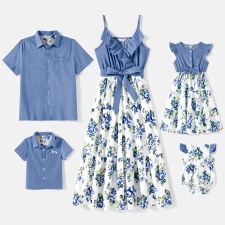 PatPat Family Matching 100% Cotton Blue Short-sleeve Shirts and Floral Print Ruffle Trim Spliced Cam | Walmart (US)
