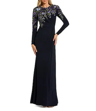 Floral Embellished Knit Crew Neck Long Sleeve Gathered Side Gown | Dillard's