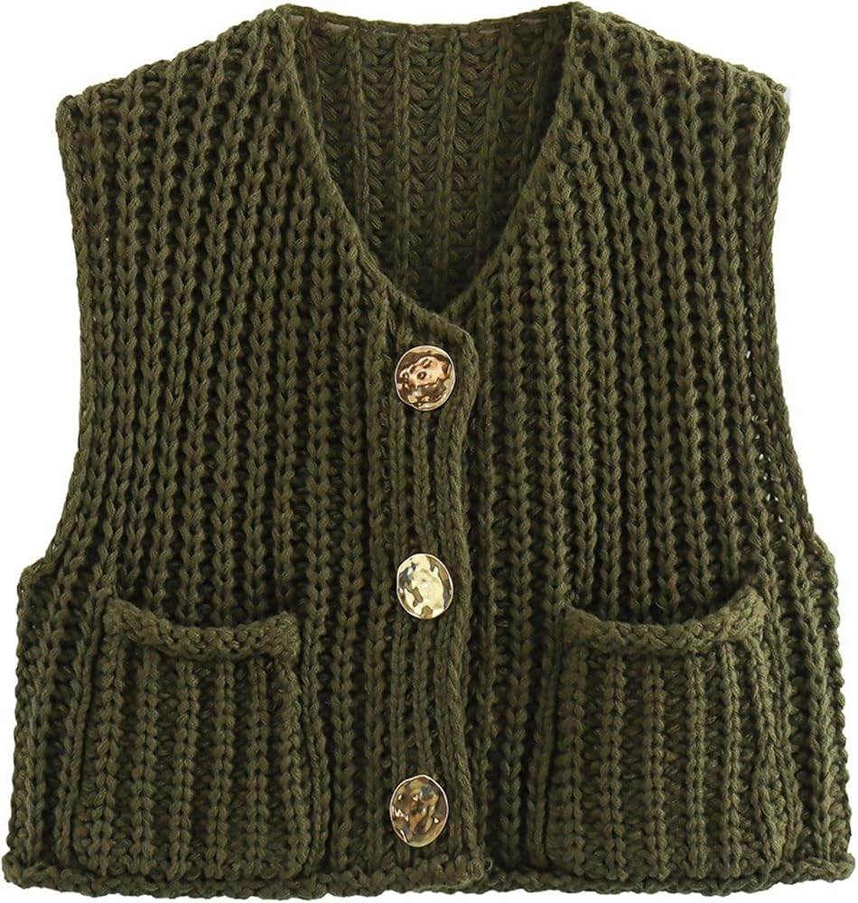 Womens Sweater Vest Fall Chunky Knit Top Gold Button Down Cropped Sleeveless Knitted Sweater Card... | Amazon (US)