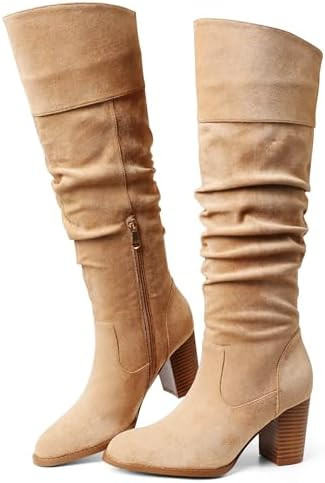 Suede Knee-High Boots Fall Boot For Women Chunky Block High Heel Slouch Fashion Boot Round Toe Si... | Amazon (US)
