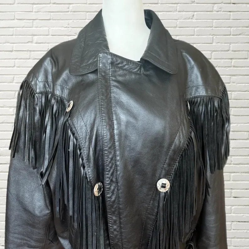 Vintage 80s Black Leather Fringe Jacket - Western Belt - Czar Size M - Etsy | Etsy (US)