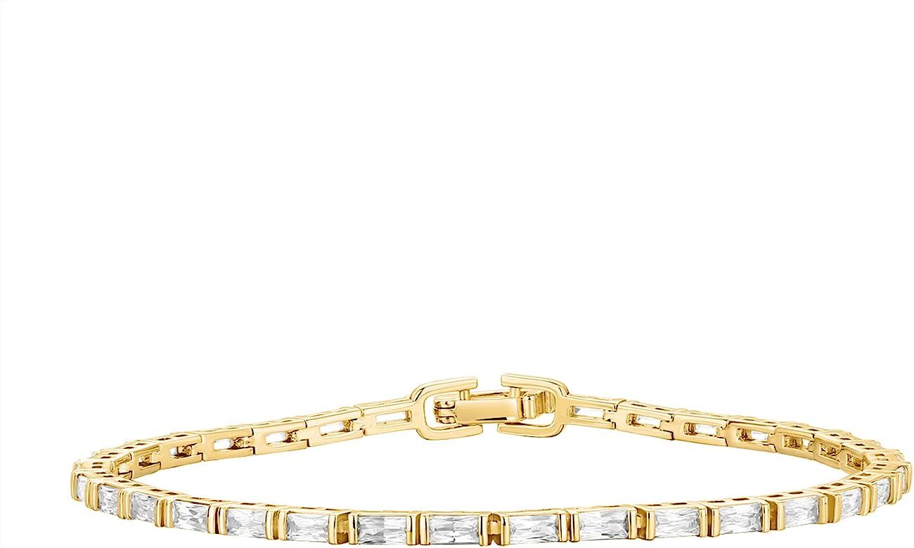 PAVOI 14K Gold Plated CZ Tennis Bracelet for Women | Classic Emerald Cut Simulated Diamond Bracelet | Amazon (US)