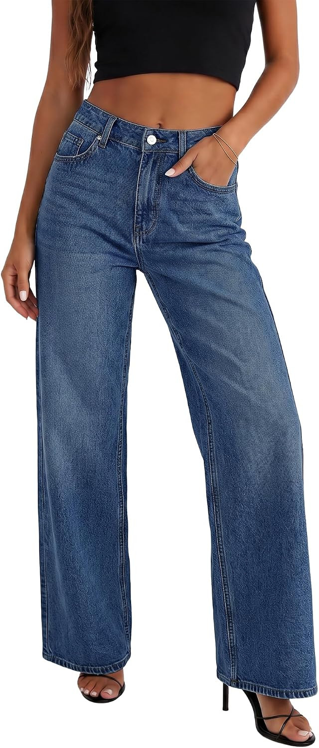 HDLTE Straight Leg Jeans for Women, High Waisted Wide Leg Jeans Loose Stretchy Denim Pants Trousers Trendy with Pockets | Amazon (US)