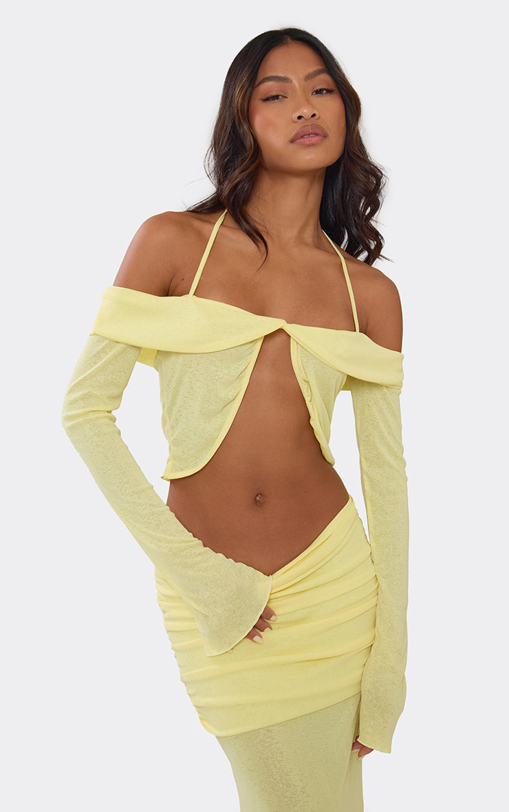 Long Sleeve Halterneck Knot Front Detail Crop Top In Lemon Yellow | EGO (UK)