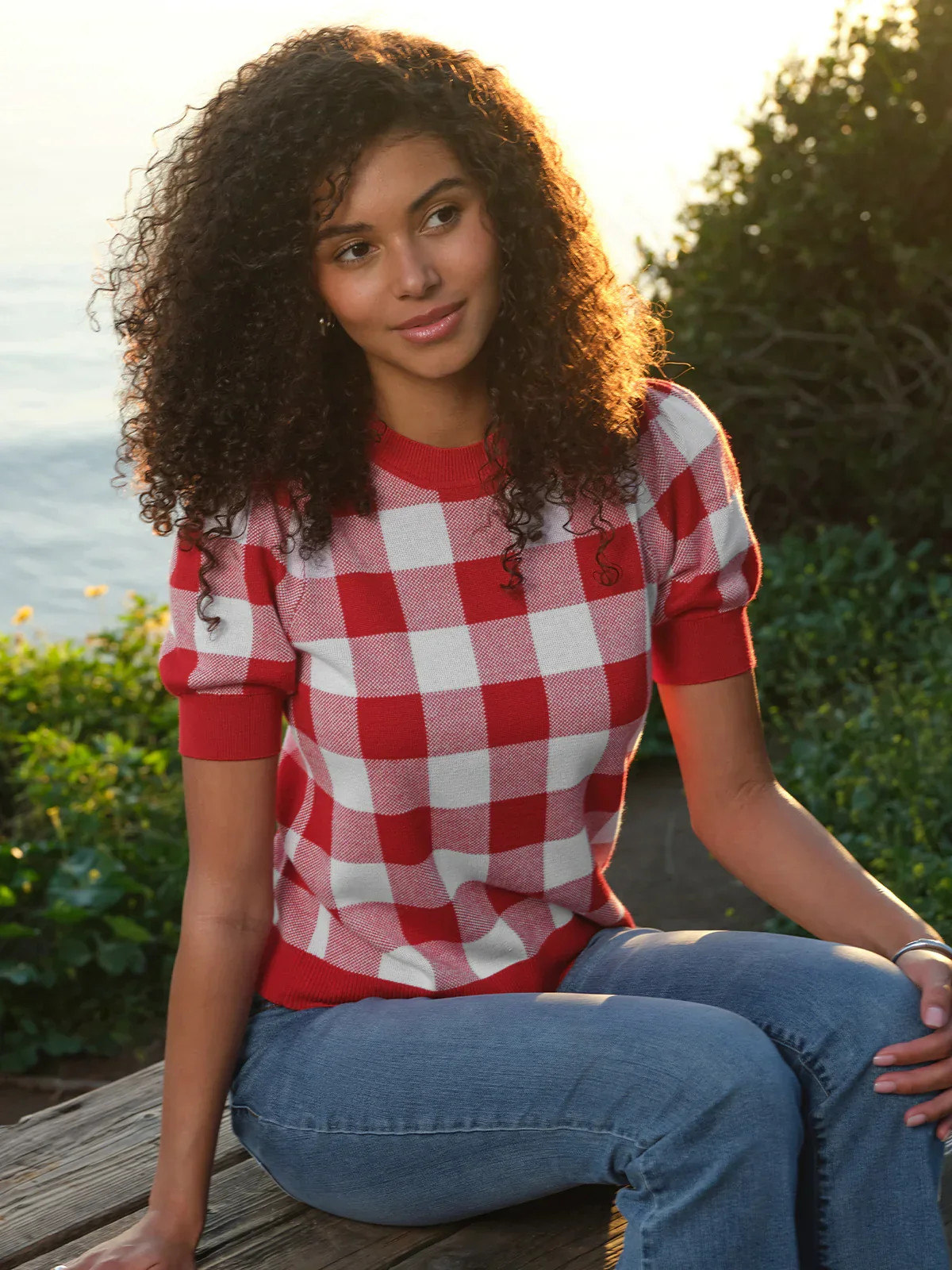 89th & Madison Gingham Puff Sleeve Knit Pullover | 89th + Madison