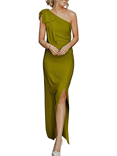ANRABESS Women's Summer One Shoulder Long Formal Dresses Sleeveless Ruched Bodycon Wedding Guest Slit Maxi Dress Grass Small | Amazon (US)