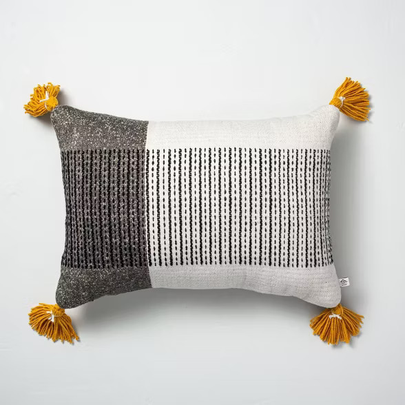 14" x 20" Center Stripes Colorblock Indoor/Outdoor Throw Pillow Black/Yellow - Hearth ... | Target