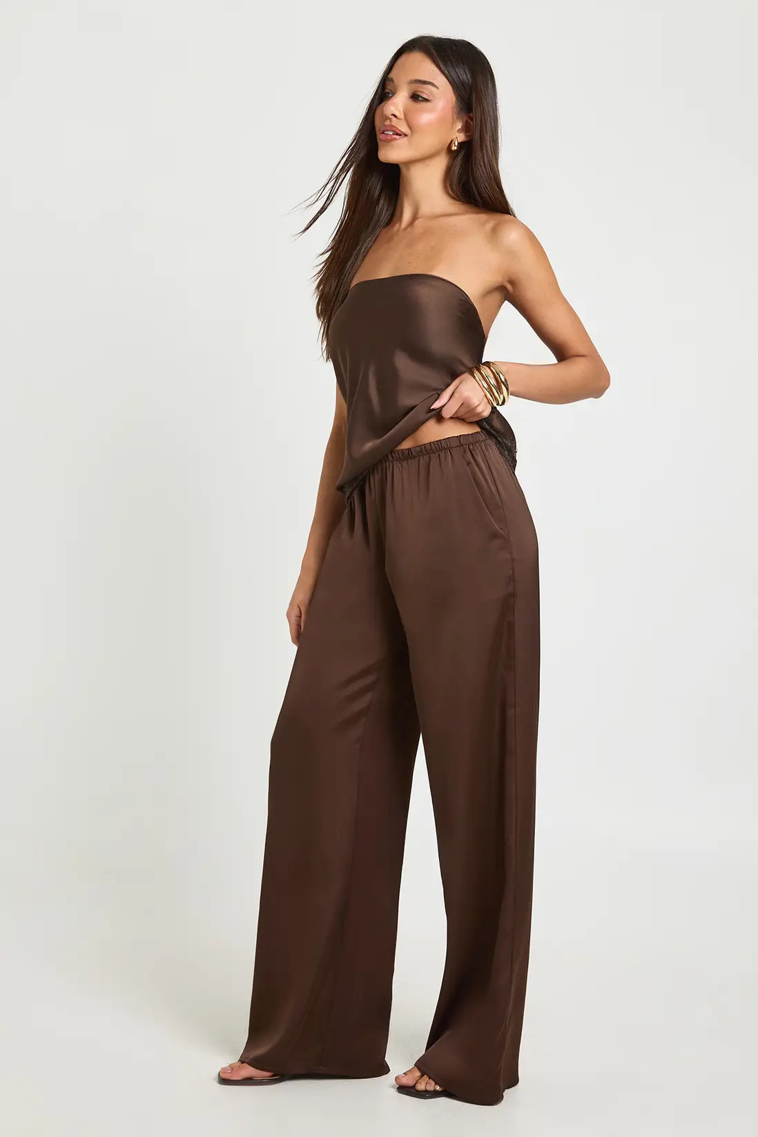 Chocolate Satin Wide Leg Trousers | Boohoo | Boohoo.com (UK & IE)