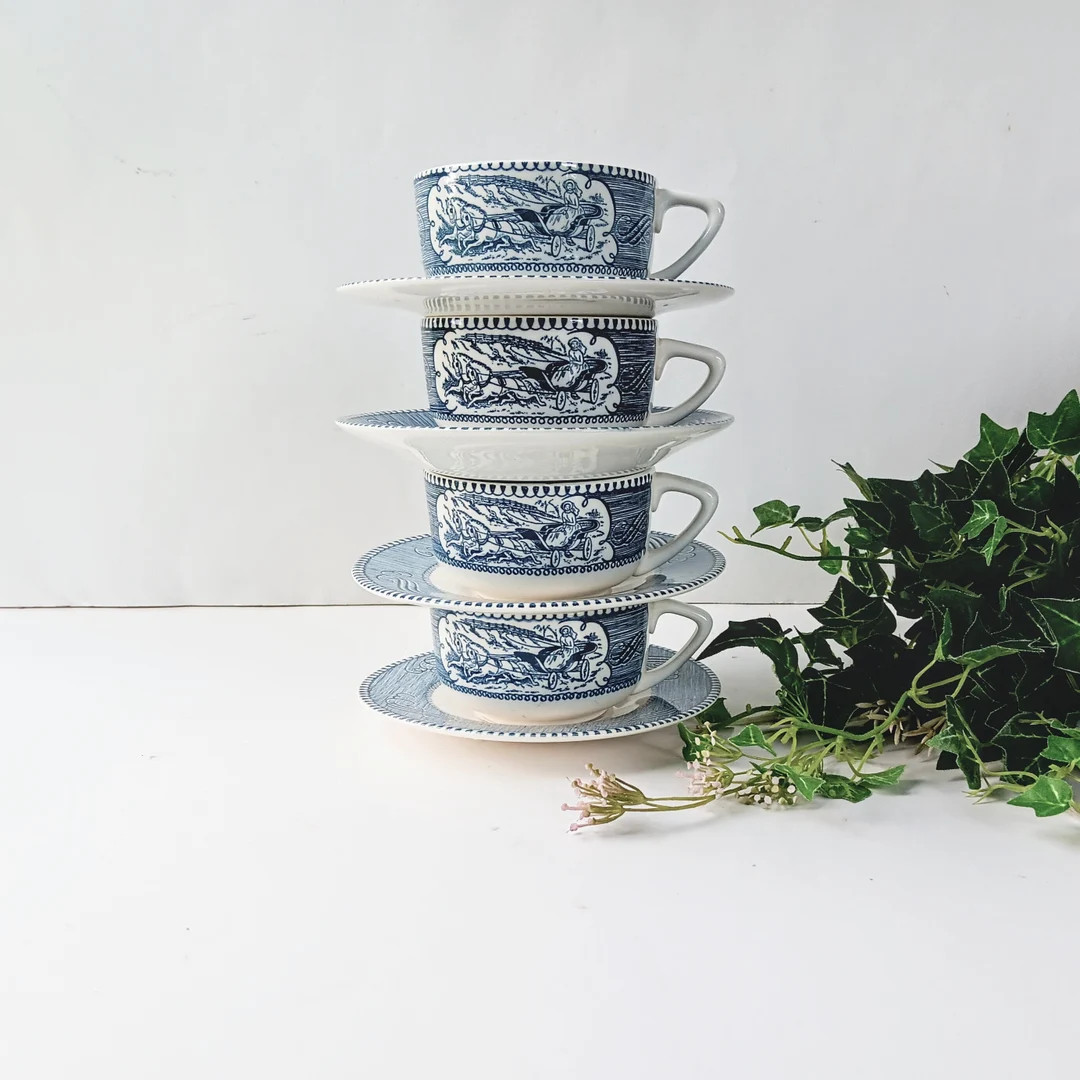 3 Currier & Ives Blue White Tea Cup Saucer/ Royal China Co/mid Century /USA 1960s Americana /stea... | Etsy (US)