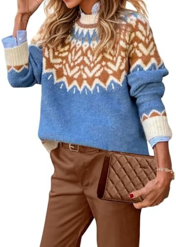 EARKOHA Women's Casual Mock Neck Ribbed Sweater Pullover 2025 Fall Long Sleeve Print Fair Isle Sw... | Amazon (US)