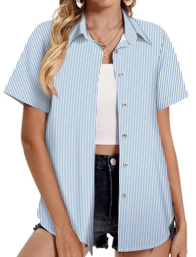 Button Down Shirts for Women Striped Short Sleeve Dress Shirt Collared Casual Business Office Work Blouses Tops V Neck Cute Summer Party Vacation(Blue Striped,Medium) | Amazon (US)