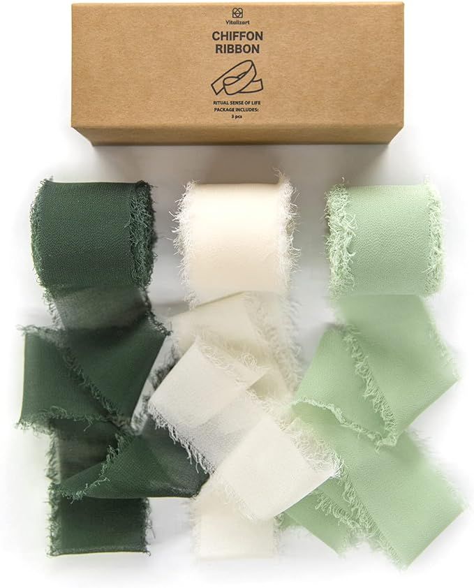 Vitalizart 3 Rolls Handmade Fringe Chiffon Silk Ribbon Gauze 1.5" x 7Yd Cream & Green Ribbons Set... | Amazon (US)