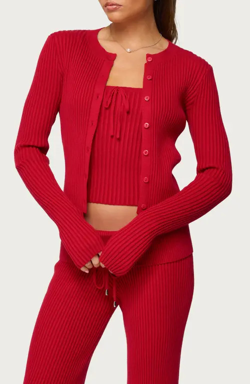 EDIKTED Adannah Rib Cardigan in Red at Nordstrom, Size Large | Nordstrom