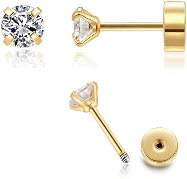 Flat Screw Back CZ Stud Earrings,Small Flat Back Cubic Zirconia Stud Earrings for Helix Cartilage... | Amazon (US)