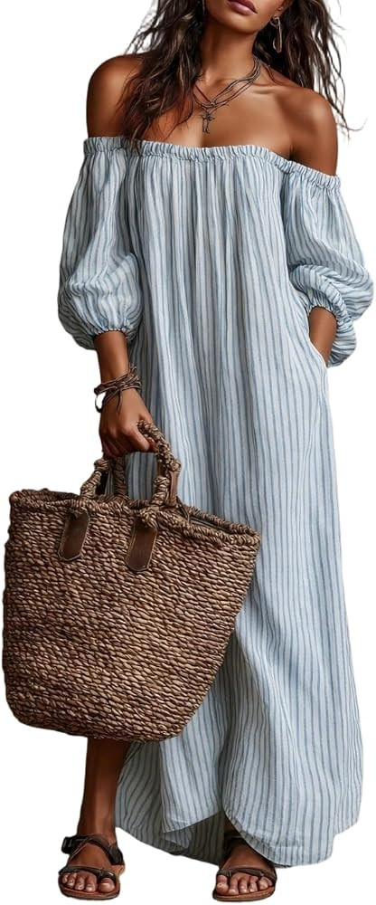 Womens Striped Off Shoulder Maxi Dress 3/4 Puff Sleeve Loose Fit Casual Summer Beach Dress with P... | Amazon (US)