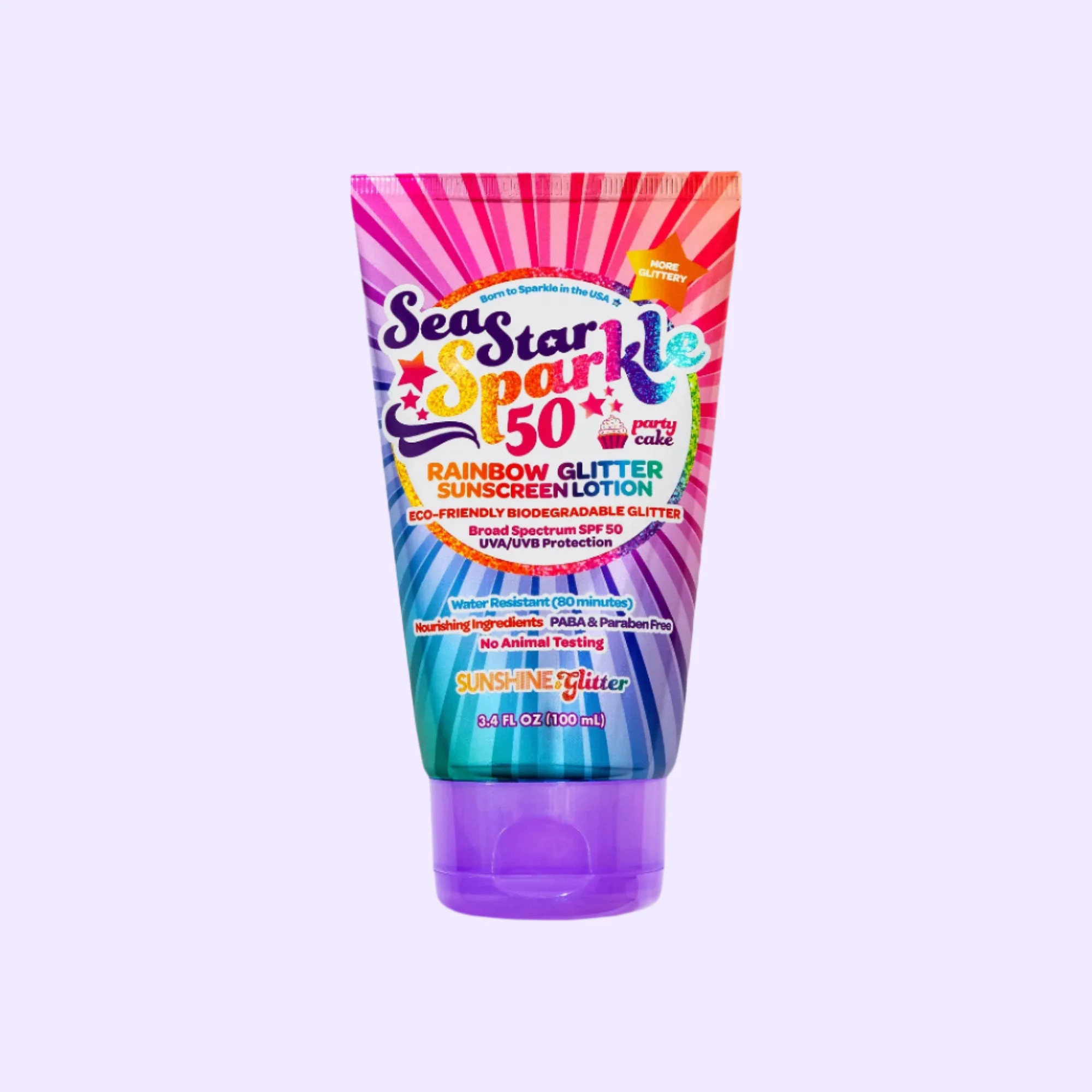 Sea Star Sparkle - Party Cake Scent - Glitter Sunscreen | Rainbow | SPF50 | 3.4 oz. | Sunshine & Glitter