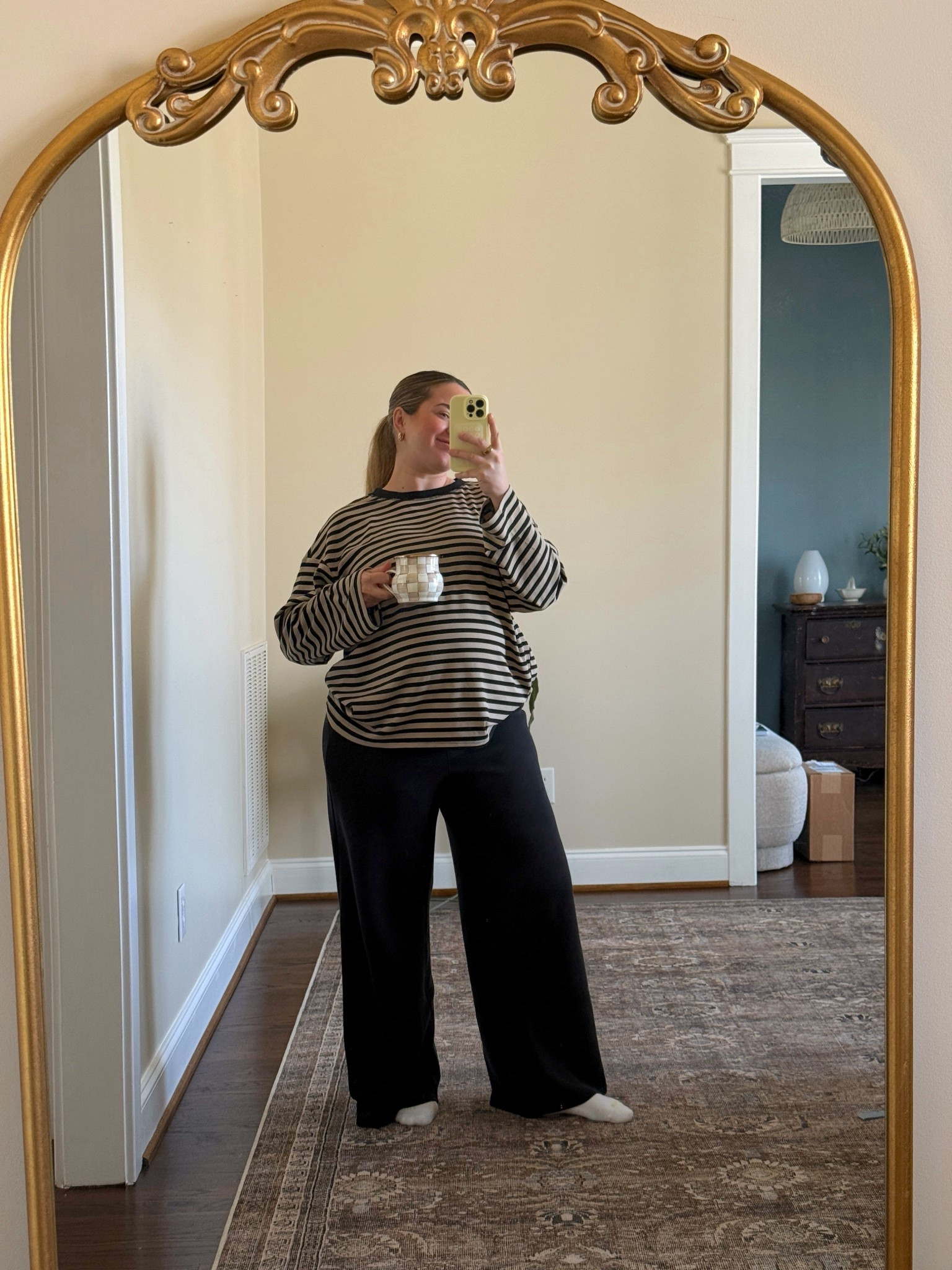 WFH ootd, bump friendly and comfy! 
Best sweat pants I’ve ever owned, such amazing quality, stretchy, have washed so many times and have held up amazing with no pilling, wearing a large.
Top - runs big, wearing a medium 

#LTKBump #LTKootd #LTKmomlife