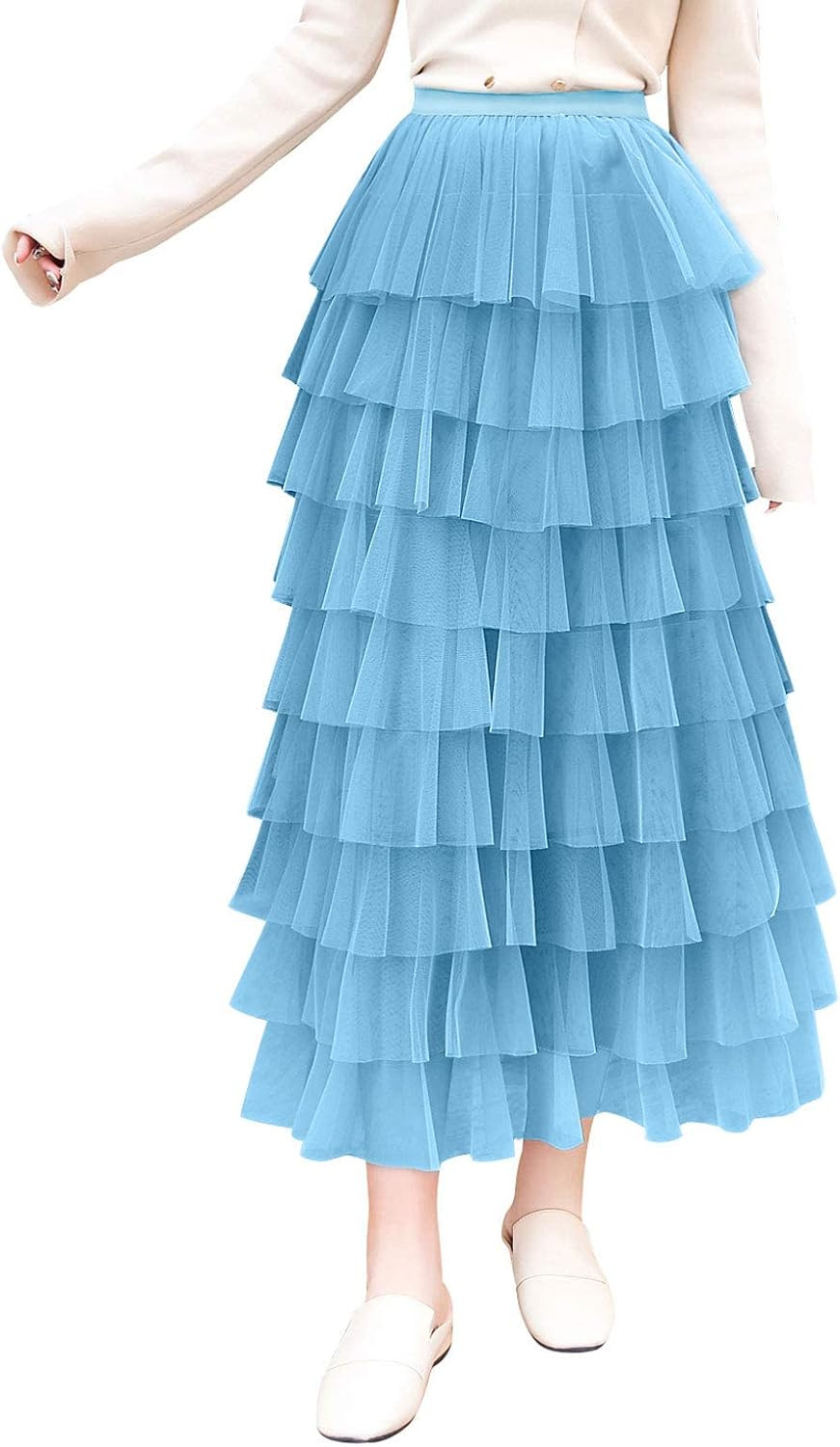 ebossy Women's Sweet Elastic Waist Tulle Layered Ruffles Mesh Long Tiered Skirt | Amazon (US)