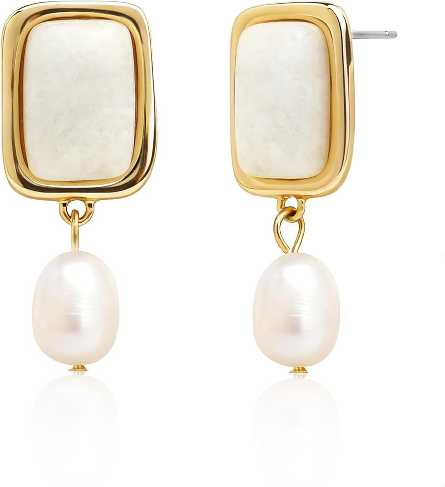 Sonateomber Gold Gemstone Dangle Drop Earrings for Women,Chunky Statement Pearl Square Natural St... | Amazon (US)