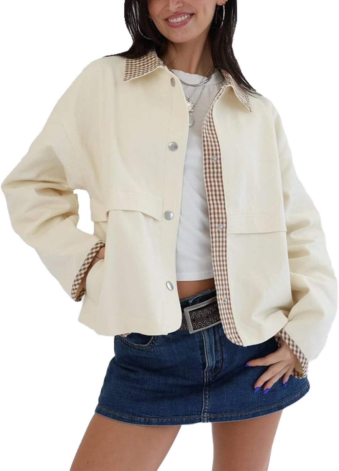 HOULENGS Womens Lightweight Button Down Cropped Barn Jackets Vintage Plaid Gingham Collar Outerwear Coat with Pockets | Amazon (US)