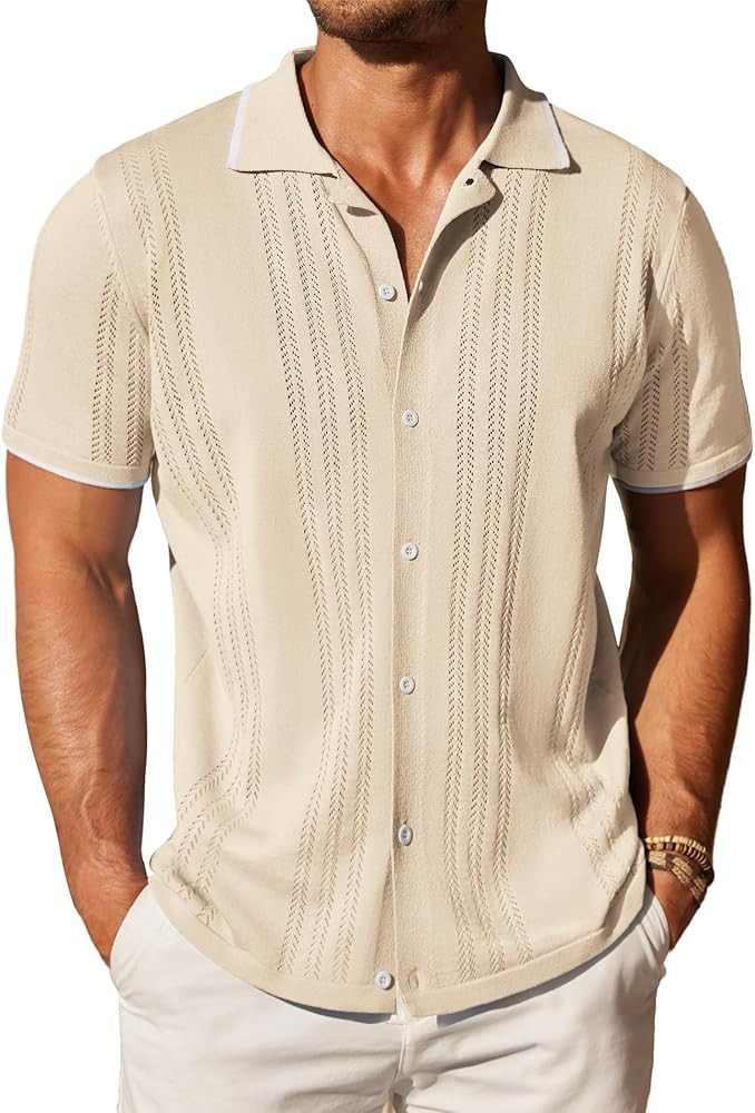 COOFANDY Men's Knit Button Down Shirt Vintage Short Sleeve Polo Shirts Casual Beach Tops | Amazon (US)